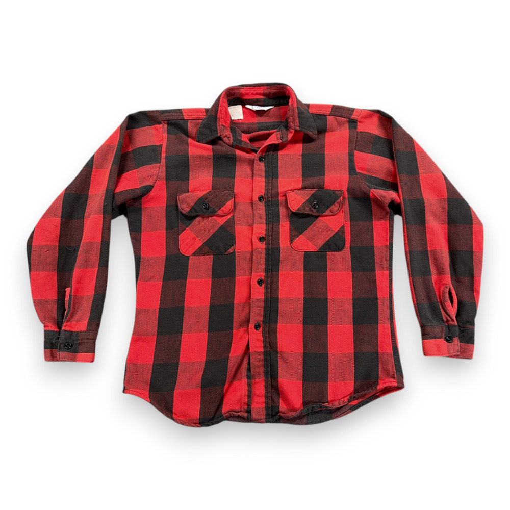Vintage Five Brother Shirt Adult MEDIUM Red Black Flannel Buffalo Plaid USA 80s